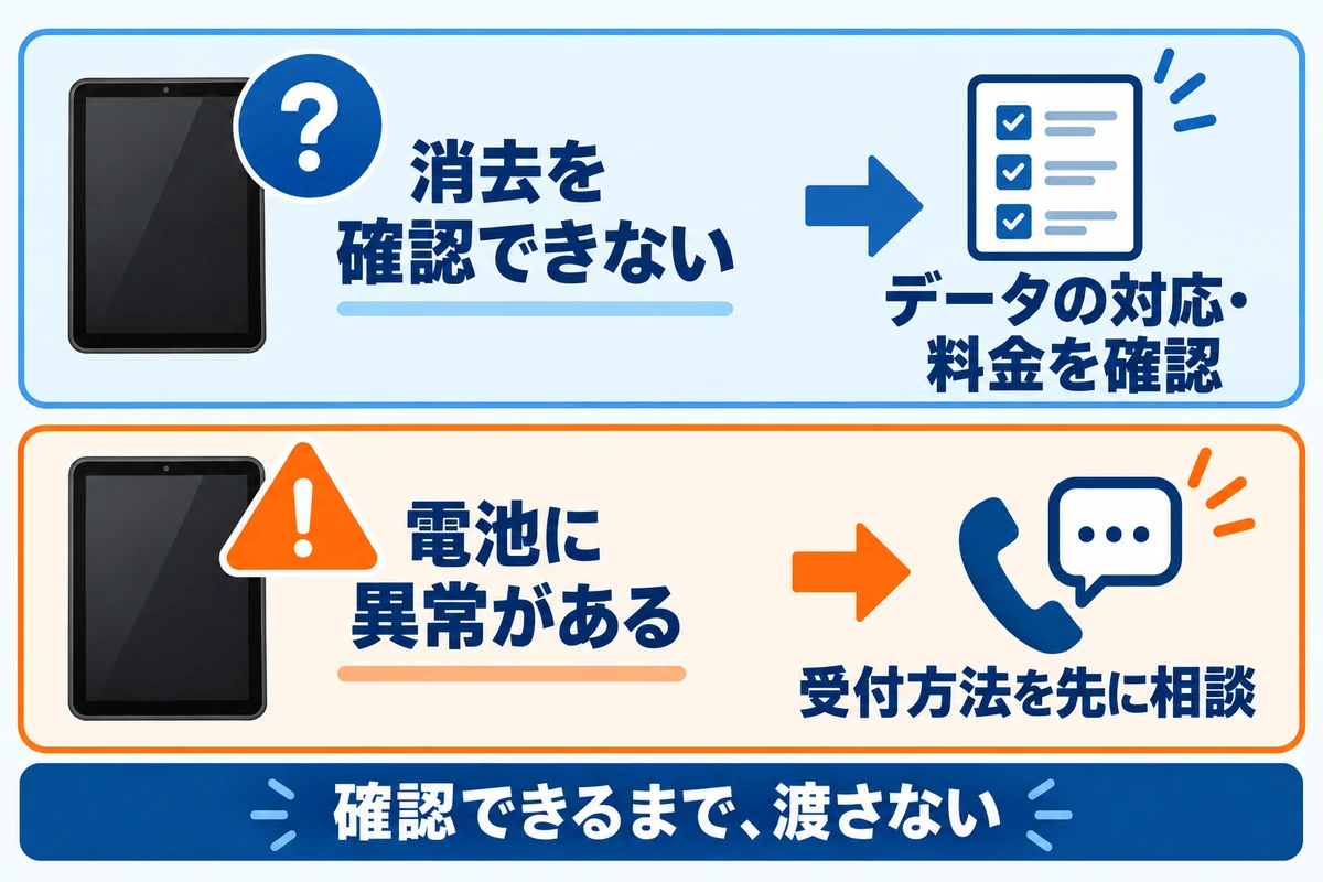 消去の相談と異常な電池の受付相談を分け、確認前に渡さないことを示す図