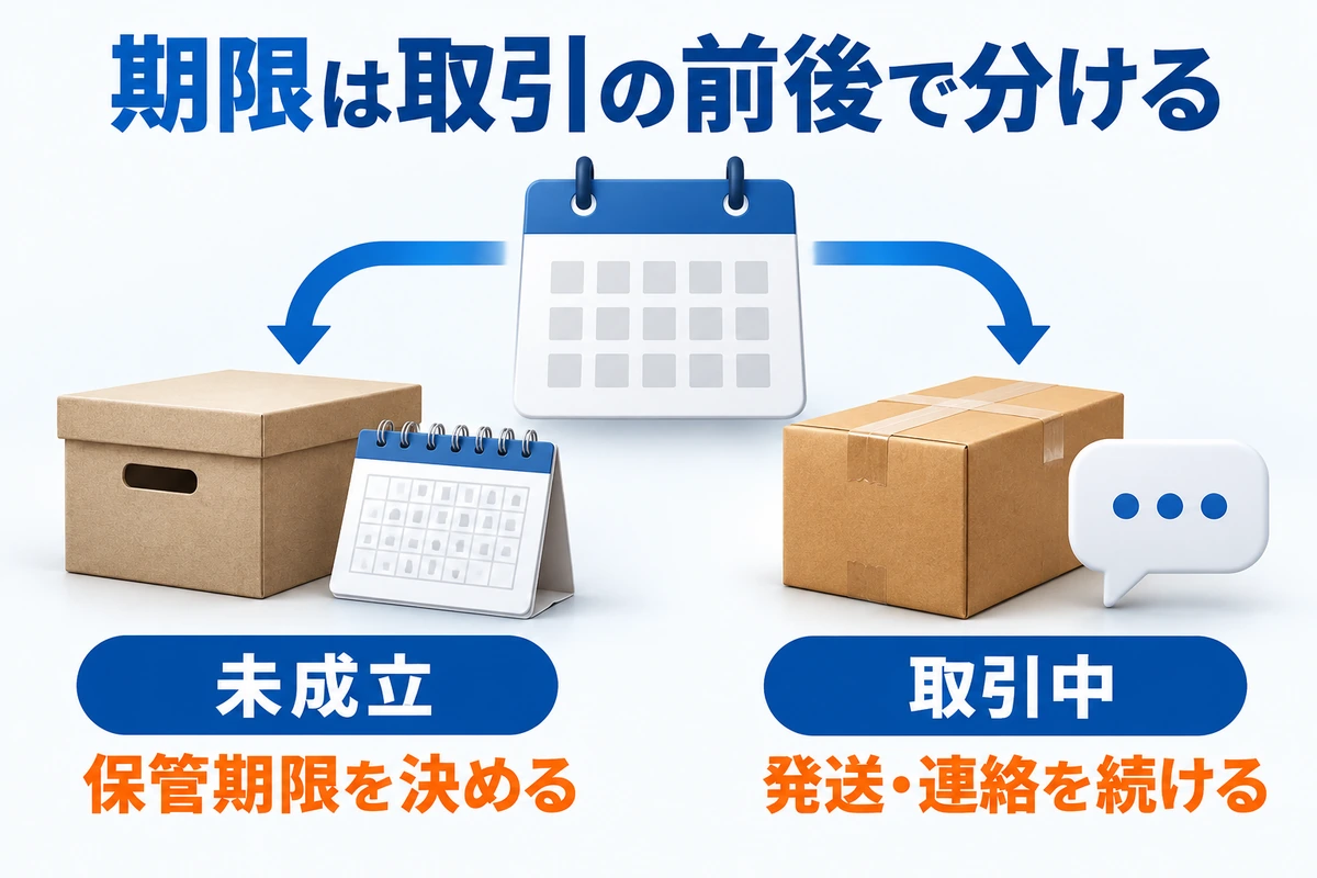 未成立品は保管期限を決め、取引中品は発送・連絡を続ける二つの分岐図