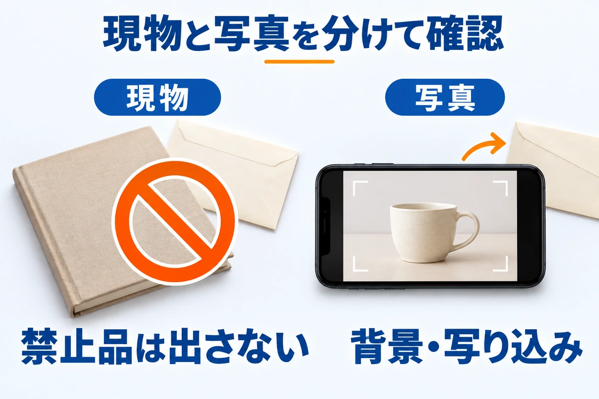 現物の禁止品を出さない判断と、出品写真の背景・写り込みの確認を分ける比較図