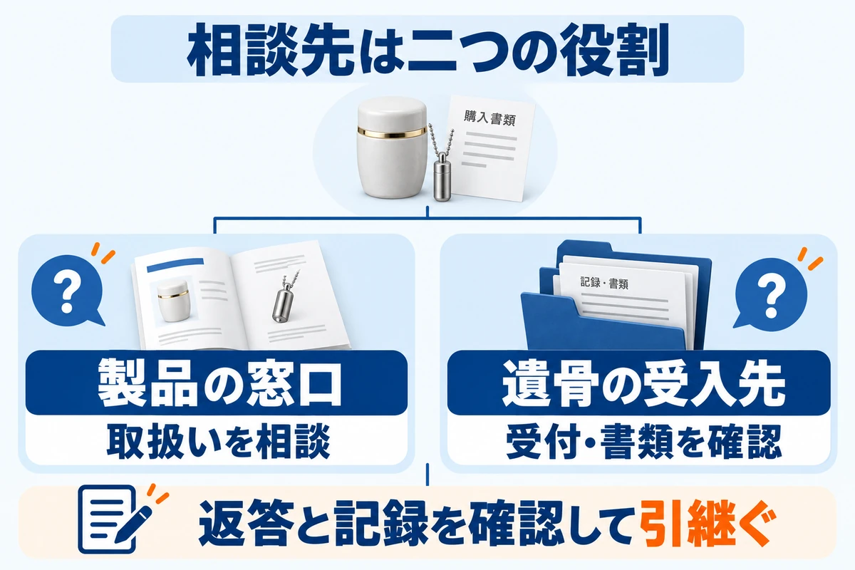 製品の窓口で取扱いを相談することと遺骨の受入先で受付・書類を確認することを分ける図