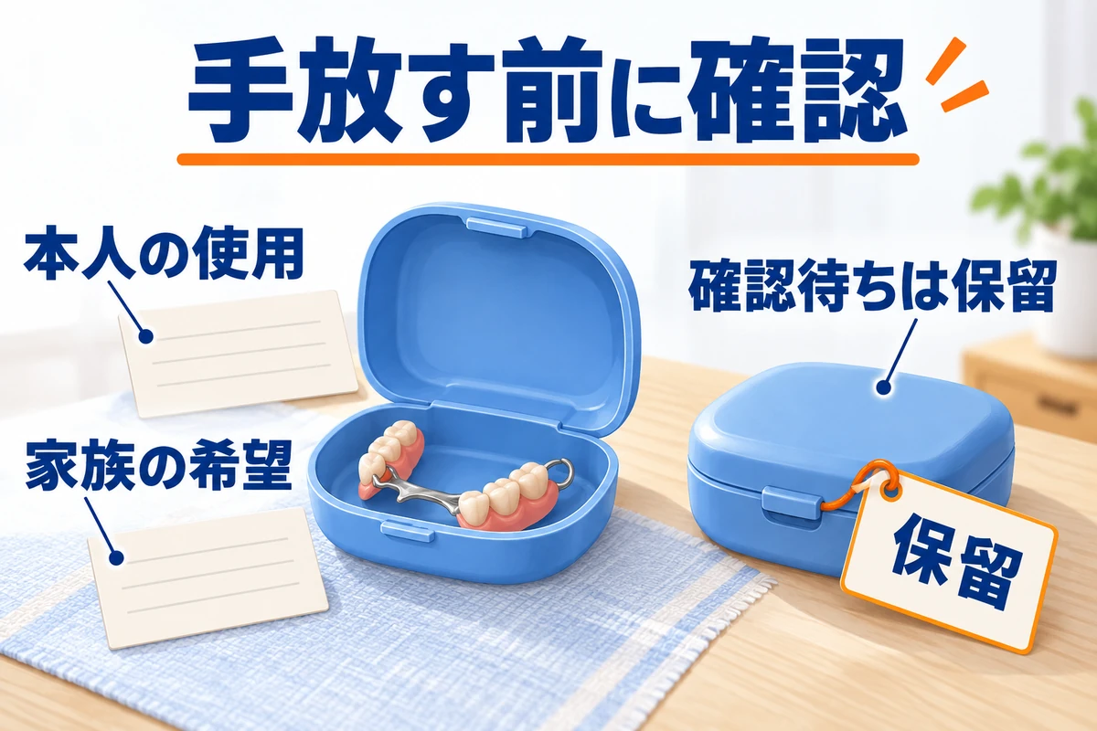 本人の使用と家族の希望を確認し、確認待ちの入れ歯は保留することを示すAIイラスト