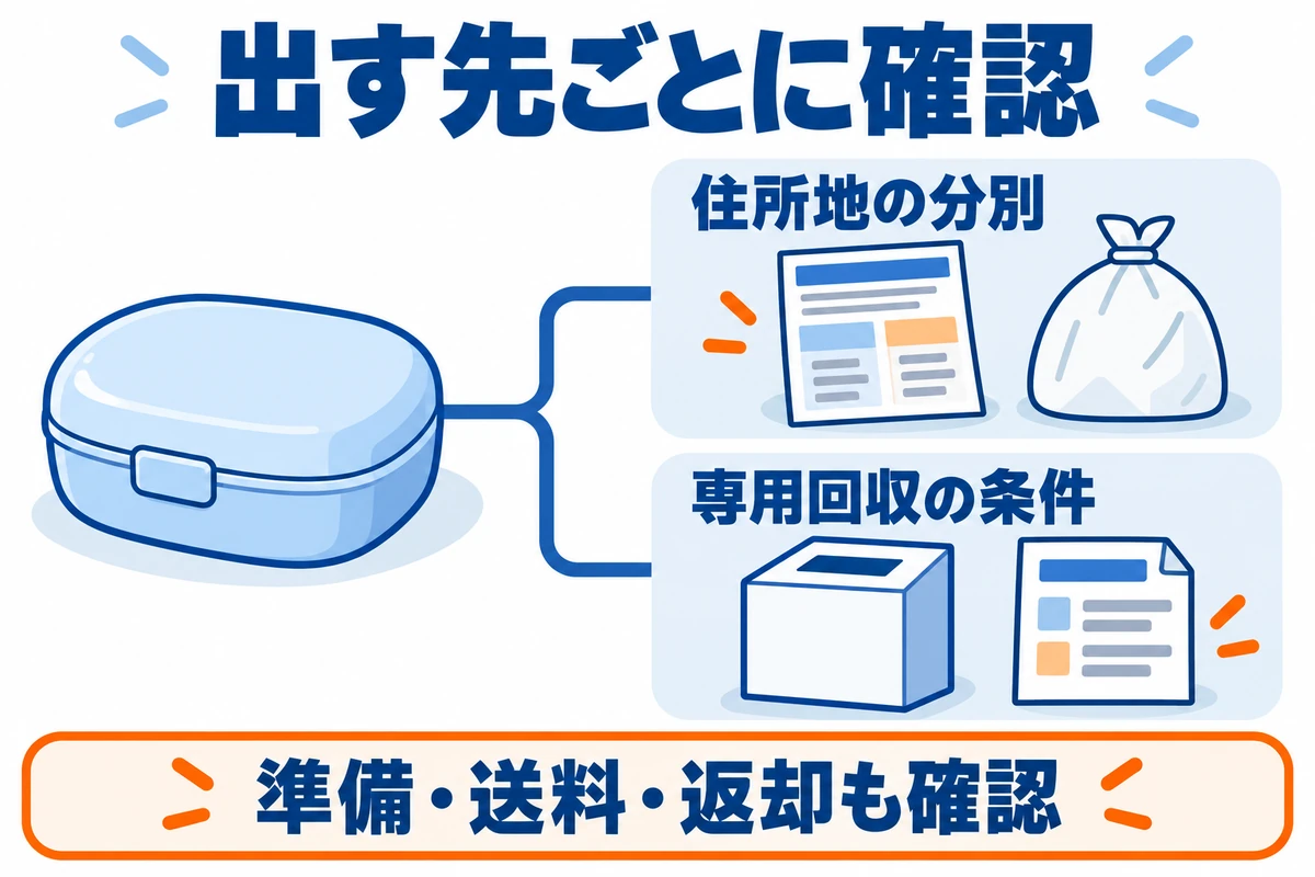 入れ歯について住所地の分別と専用回収の条件を分け、準備・送料・返却も確認するAIイラスト