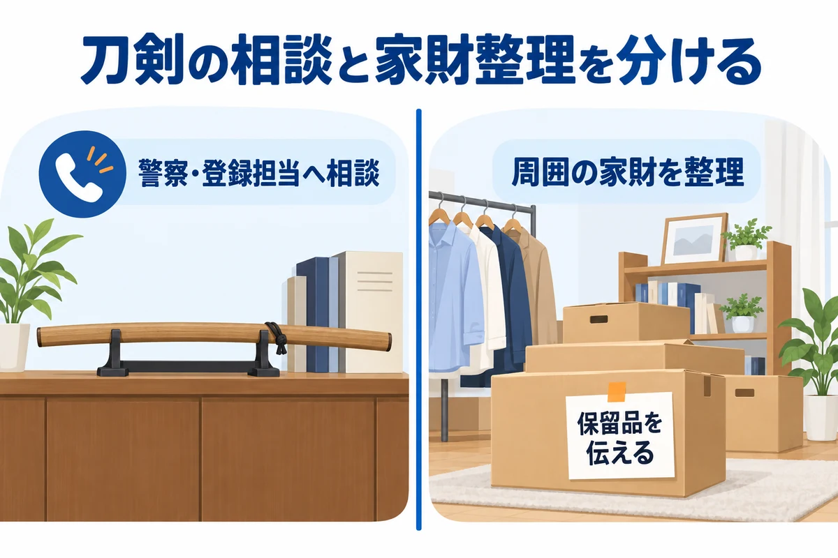 刀剣の行政相談と通常家財の整理を分け、保留品を共有する図