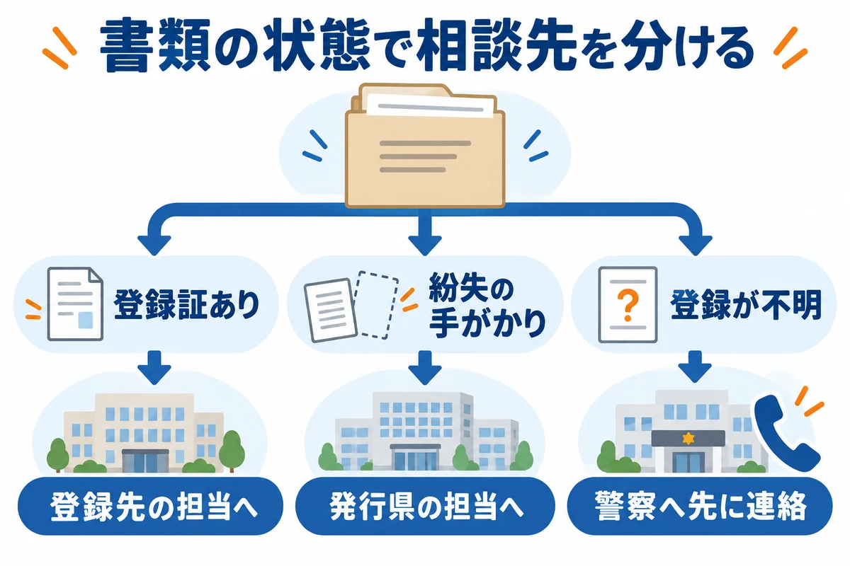 登録証の有無と紛失の手がかりで登録担当または警察への相談を分ける図