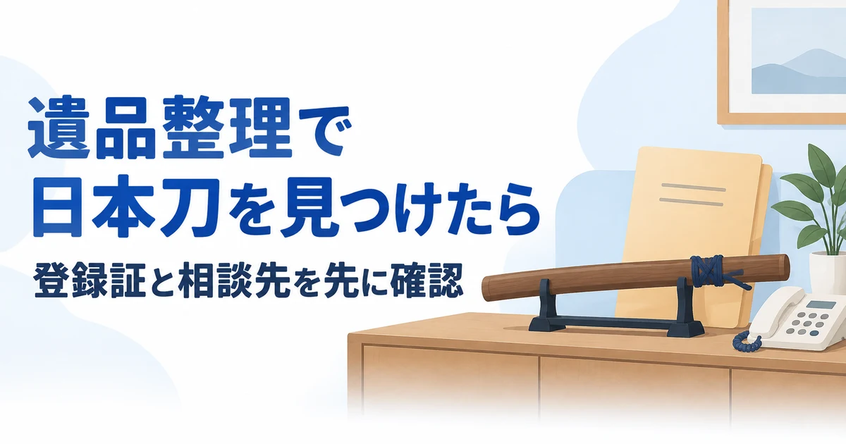 鞘に入った刀と書類、電話で、処分前の相談を示す編集イラスト