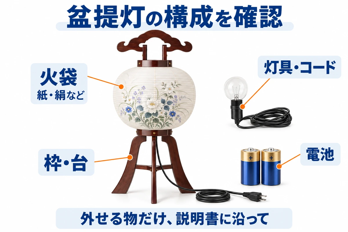 提灯の火袋と枠、灯具とコード、電池を線で示す構成確認図