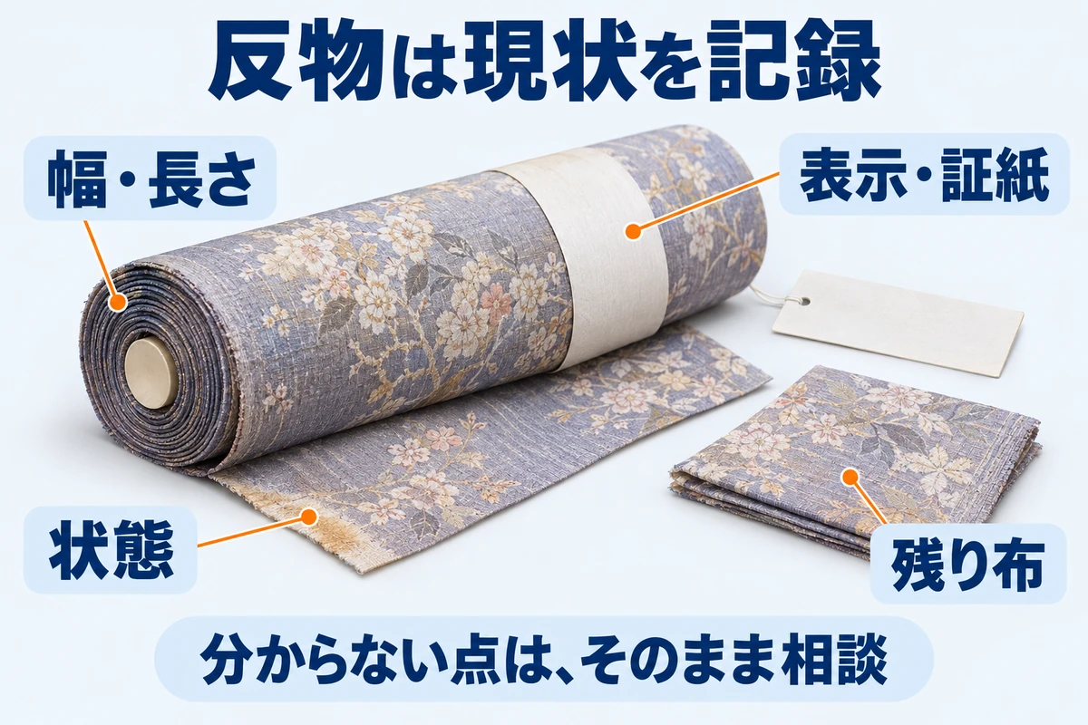 反物の幅・長さ、表示・証紙、状態と、別に置いた残り布を示す観察図