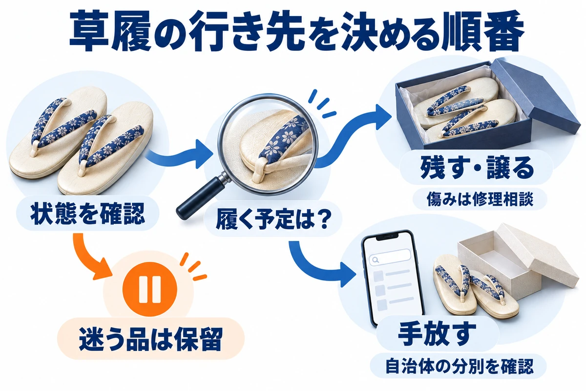 草履の状態を確認し、保留、残す・譲る、自治体の分別確認へ分かれる行き先の図解